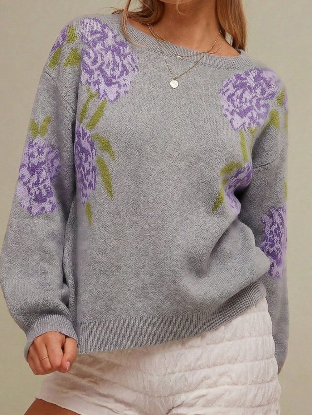 Grey Casual Women's Floral Jacquard Long Sleeve Knit Sweater